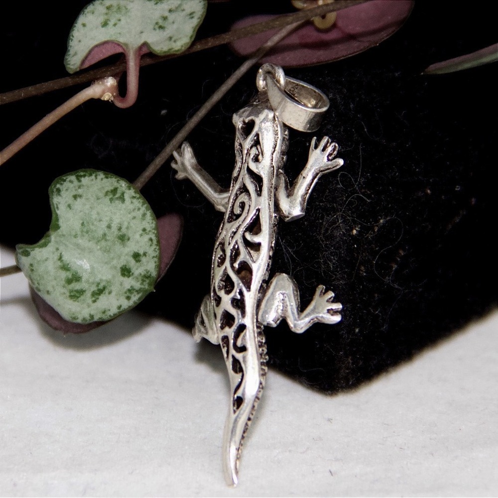 Sterling Silver 925 Filigree Lizard Gecko Pendant Charm Reptile Jewelry - Picture 2 of 8